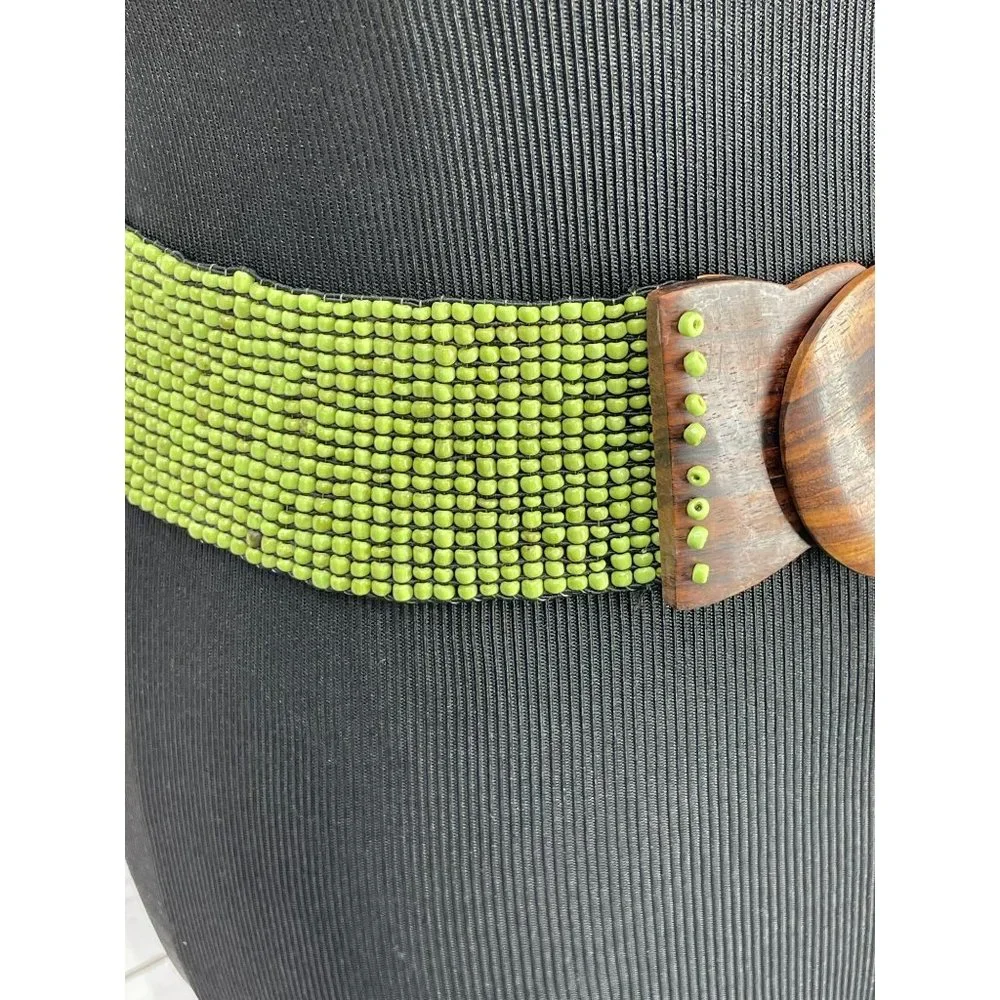 Vintage Elastic Lime Green Handmade Glass Beaded Wooden Clasp 70’s Boho Chic Sty